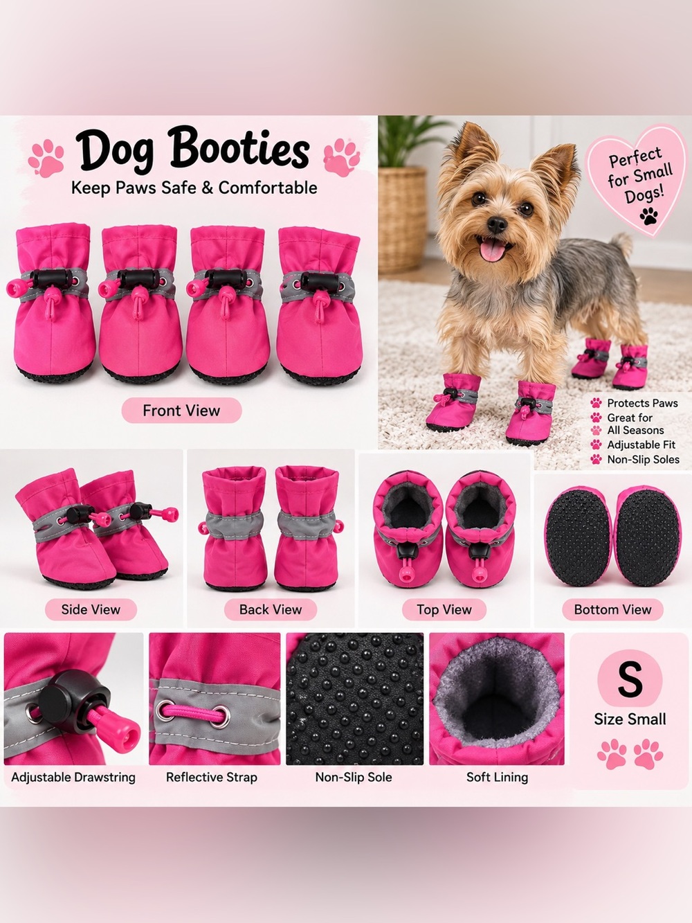 Pink Dog Boots Size Small Non-Slip Reflective Adjustable Paw Shoes New 4-Pack